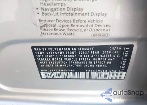 2011 Volkswagen Golf 2.5L 4-Door z USA, uszkodzony, nr VIN WVWDB7AJ2BW057800